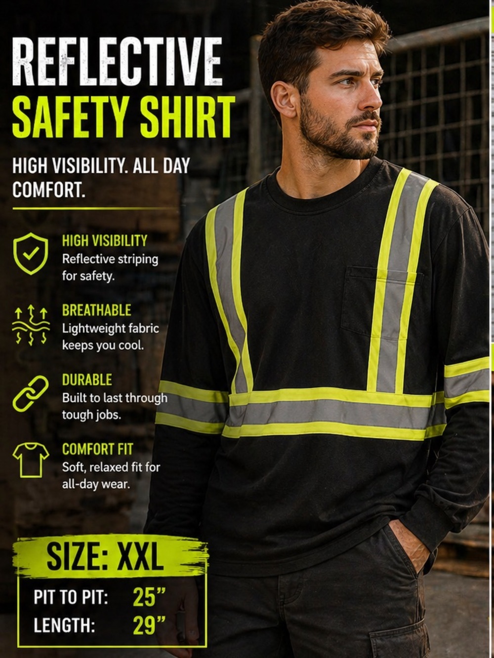 High-Visibility Black Long Sleeve Safety Shirt Reflective XXL Pit 25” Length 29”